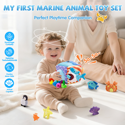 Baby Toys 6-12 Months–Mystery Soft Box with 5 Plush Marine Animals,Rattle,Crinkle Paper & Mirror–Montessori Sensory Toys for 6 Month Old Babies 1-3 Year Old Boy Girl Birthday