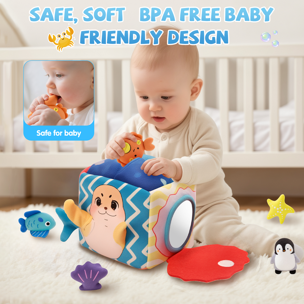 Baby Toys 6-12 Months–Mystery Soft Box with 5 Plush Marine Animals,Rattle,Crinkle Paper & Mirror–Montessori Sensory Toys for 6 Month Old Babies 1-3 Year Old Boy Girl Birthday
