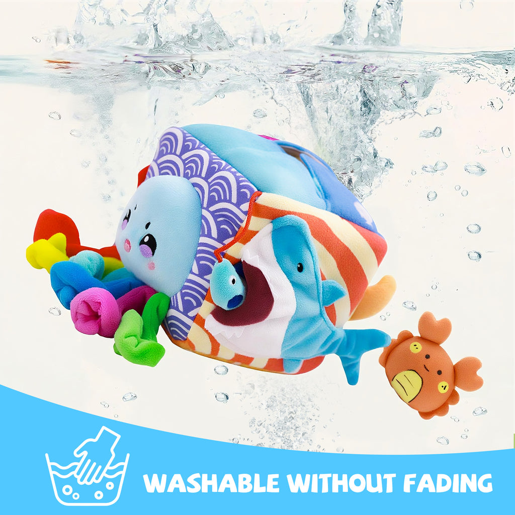 Baby Toys 6-12 Months–Mystery Soft Box with 5 Plush Marine Animals,Rattle,Crinkle Paper & Mirror–Montessori Sensory Toys for 6 Month Old Babies 1-3 Year Old Boy Girl Birthday