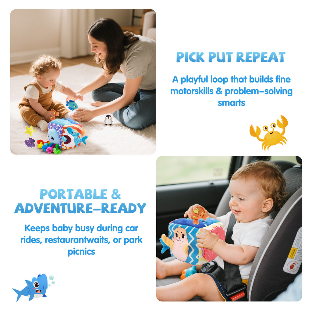 Baby Toys 6-12 Months–Mystery Soft Box with 5 Plush Marine Animals,Rattle,Crinkle Paper & Mirror–Montessori Sensory Toys for 6 Month Old Babies 1-3 Year Old Boy Girl Birthday