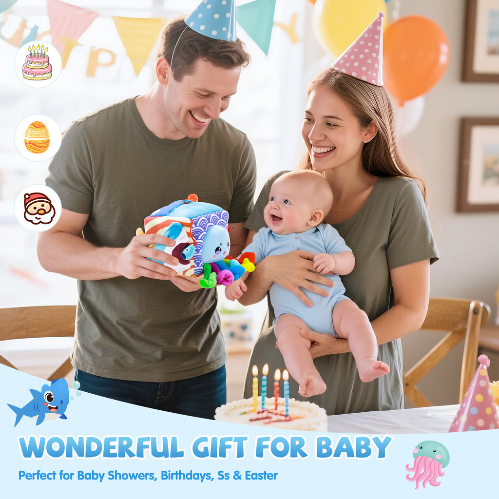 Baby Toys 6-12 Months–Mystery Soft Box with 5 Plush Marine Animals,Rattle,Crinkle Paper & Mirror–Montessori Sensory Toys for 6 Month Old Babies 1-3 Year Old Boy Girl Birthday